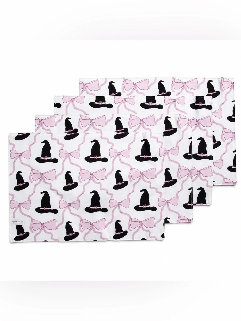 Cupcakes and Cashmere Set of 4 Black Witch Hat Pink Coquette Bow Print Placemats